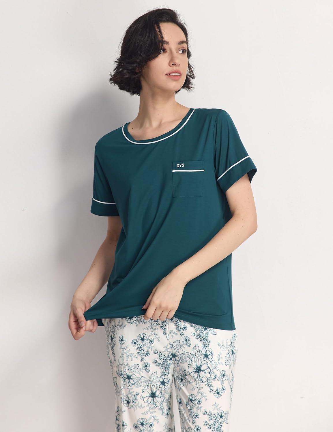 imageGYS Women Pajama Sets Bamboo Viscose Short Sleeve Top and Capri Pants 2 Piece Sleep SetInk Blue Floral