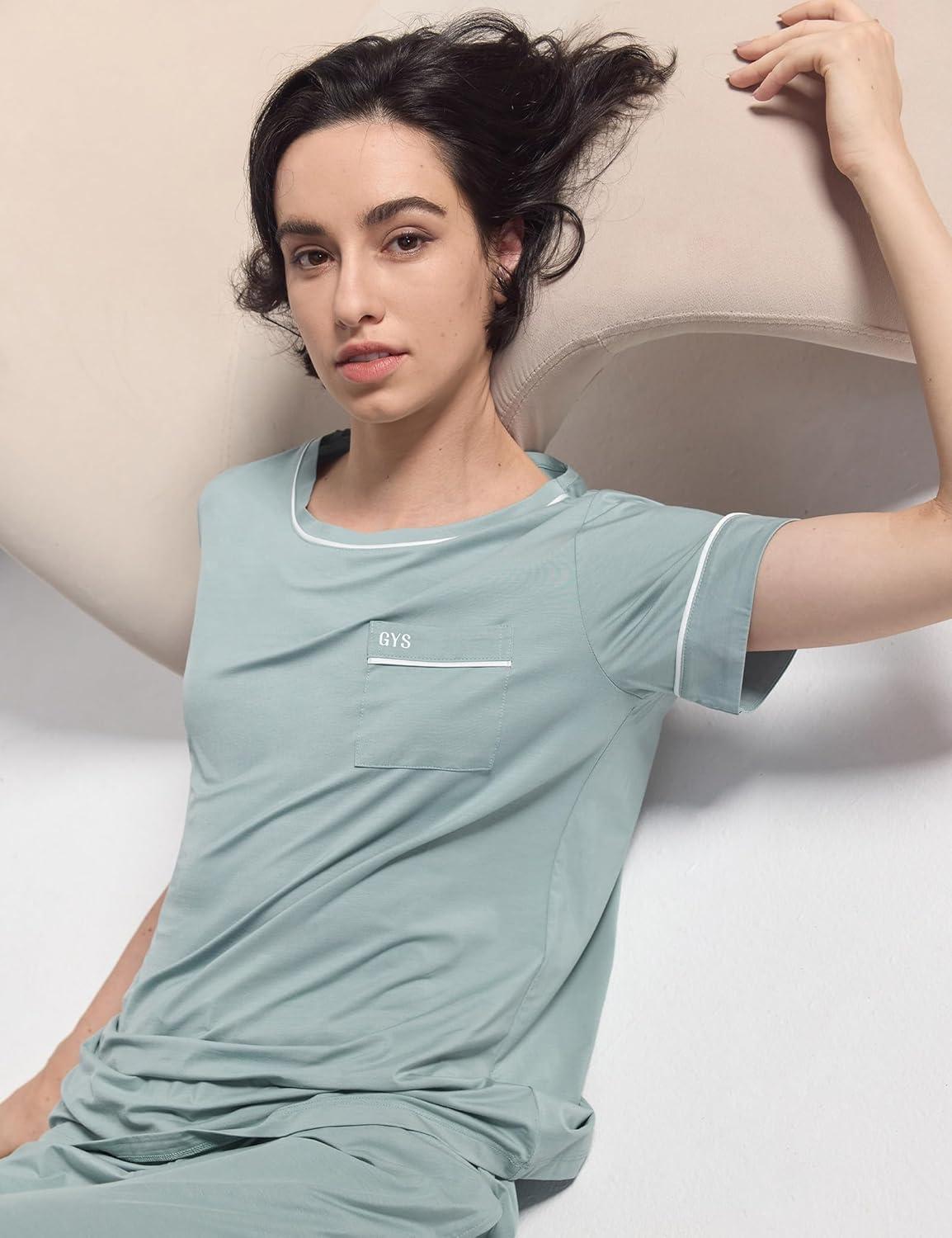 imageGYS Women Pajama Sets Bamboo Viscose Short Sleeve Top and Capri Pants 2 Piece Sleep SetLight Greyish Green