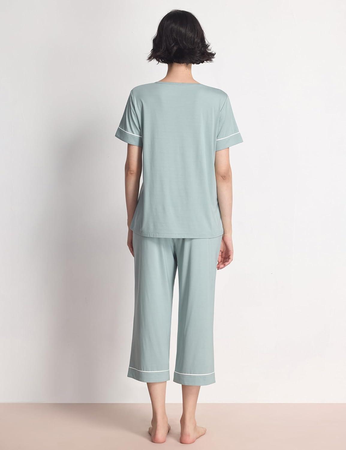 imageGYS Women Pajama Sets Bamboo Viscose Short Sleeve Top and Capri Pants 2 Piece Sleep SetLight Greyish Green