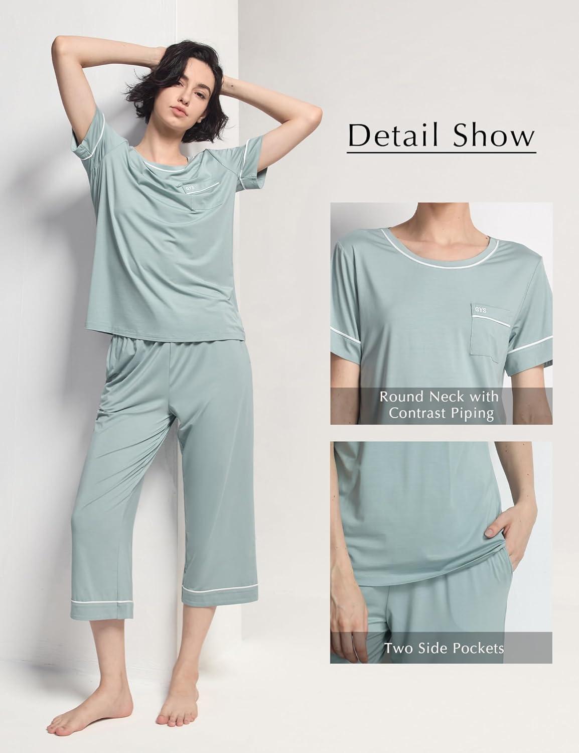 imageGYS Women Pajama Sets Bamboo Viscose Short Sleeve Top and Capri Pants 2 Piece Sleep SetLight Greyish Green