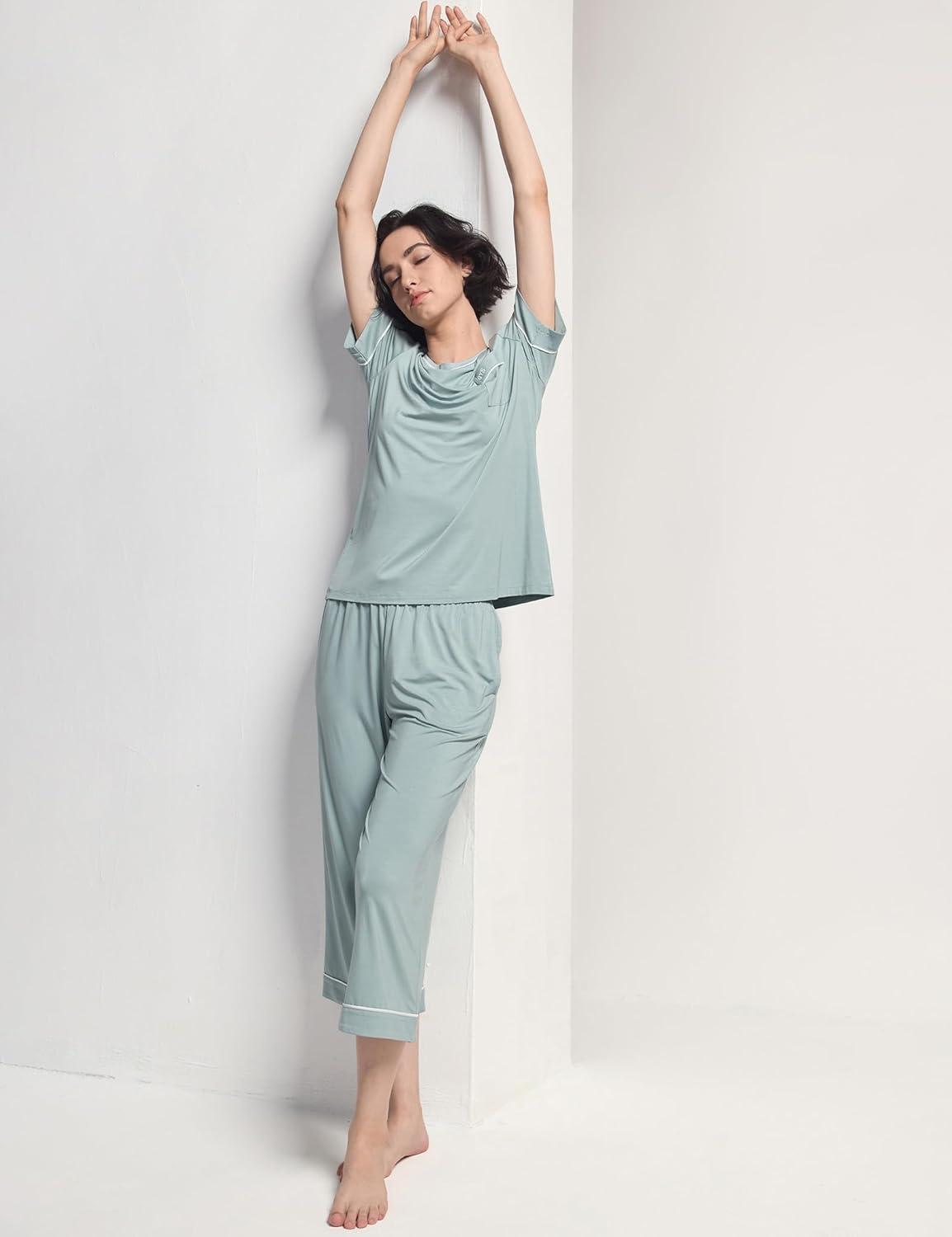 imageGYS Women Pajama Sets Bamboo Viscose Short Sleeve Top and Capri Pants 2 Piece Sleep SetLight Greyish Green