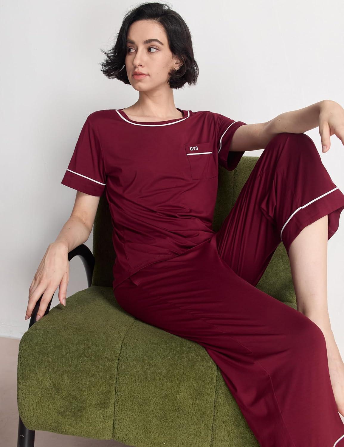 imageGYS Women Pajama Sets Bamboo Viscose Short Sleeve Top and Capri Pants 2 Piece Sleep SetWine Red
