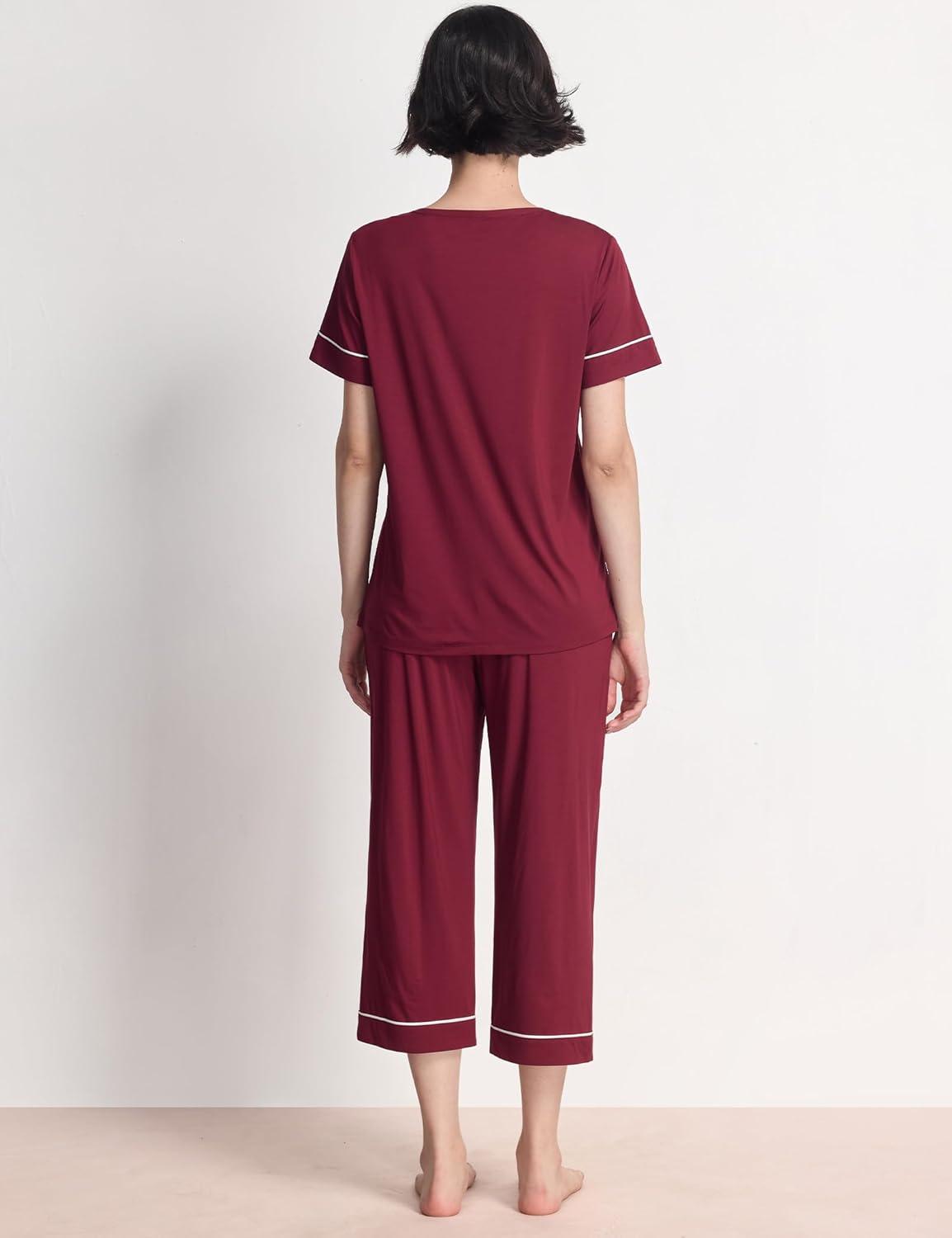 imageGYS Women Pajama Sets Bamboo Viscose Short Sleeve Top and Capri Pants 2 Piece Sleep SetWine Red