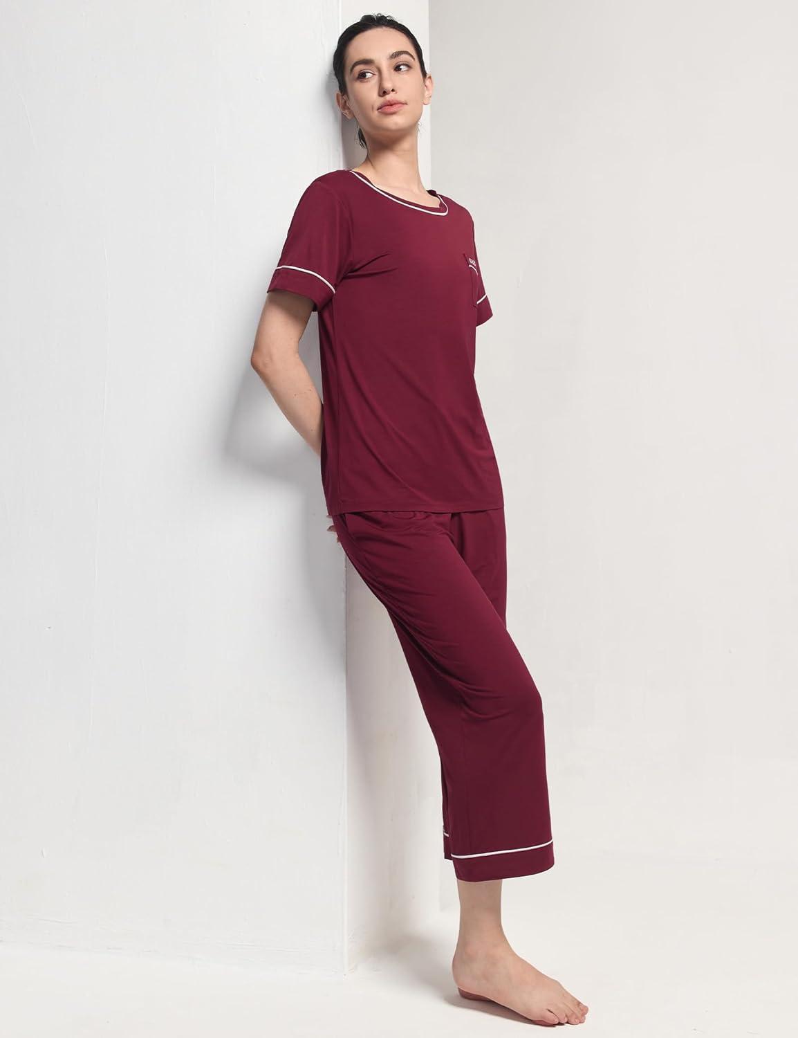 imageGYS Women Pajama Sets Bamboo Viscose Short Sleeve Top and Capri Pants 2 Piece Sleep SetWine Red