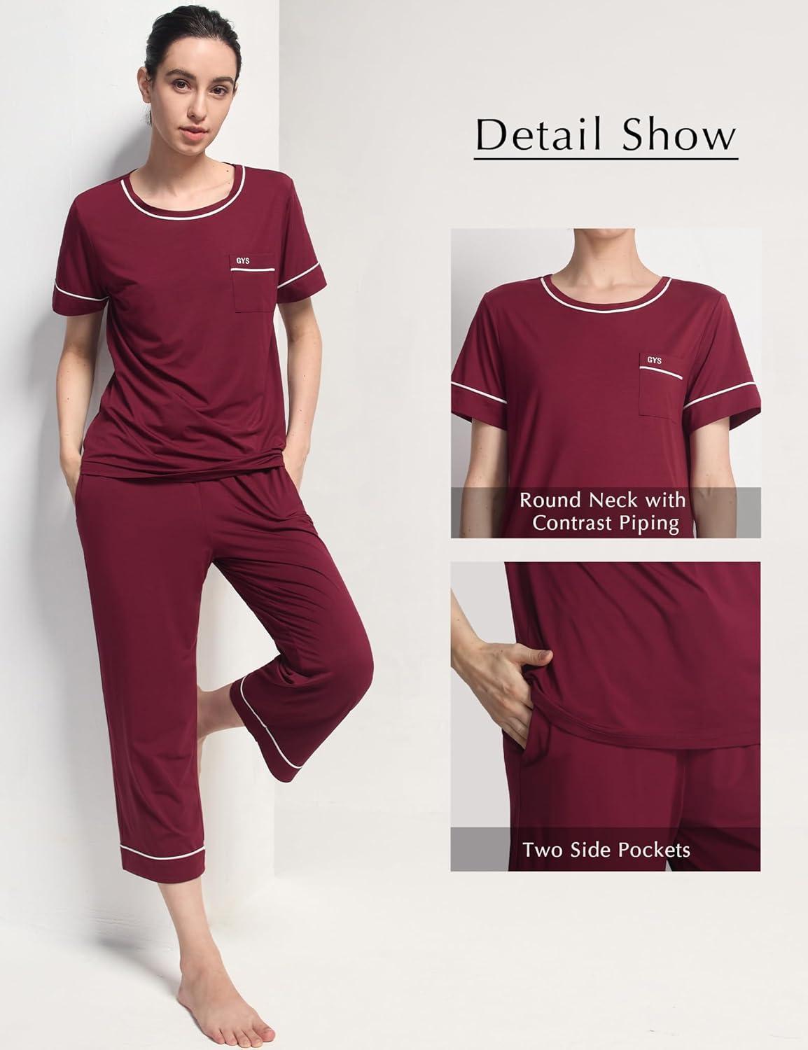 imageGYS Women Pajama Sets Bamboo Viscose Short Sleeve Top and Capri Pants 2 Piece Sleep SetWine Red