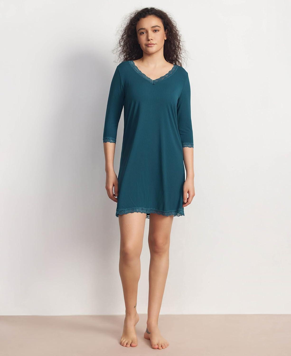 imageGYS Womens 34 Sleeves Nightgowns Bamboo Viscose Soft Comfy Lace V Neck Pajama DressInk Blue