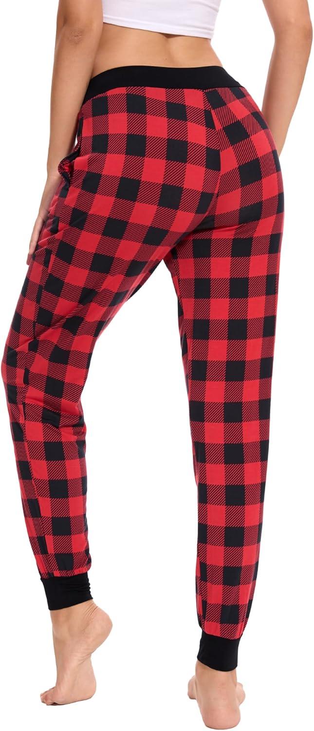 imageGYS Womens Bamboo Viscose Pajama Pants High Waist Christmas Plaid Sleepwear Joggers with PocketsBlack Red Plaid