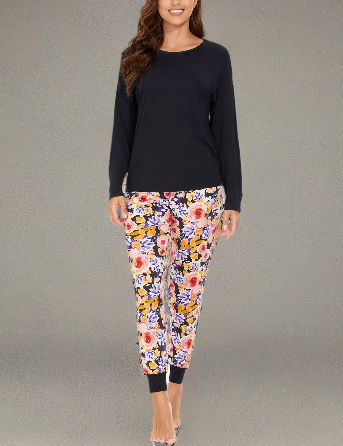 imageGYS Womens Pajama Sets Bamboo Viscose Long Sleeve Sleepwear with Pants Soft Pjs Lounge Set Ladies LoungewearBlack FlowersTaperedleg