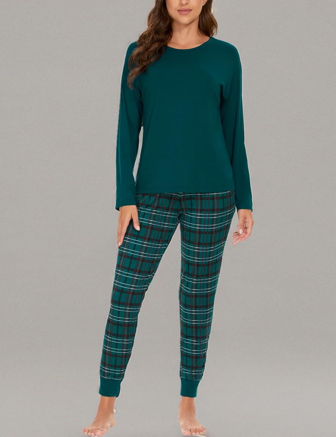 imageGYS Womens Pajama Sets Bamboo Viscose Long Sleeve Sleepwear with Pants Soft Pjs Lounge Set Ladies LoungewearGreen PlaidTaperedleg