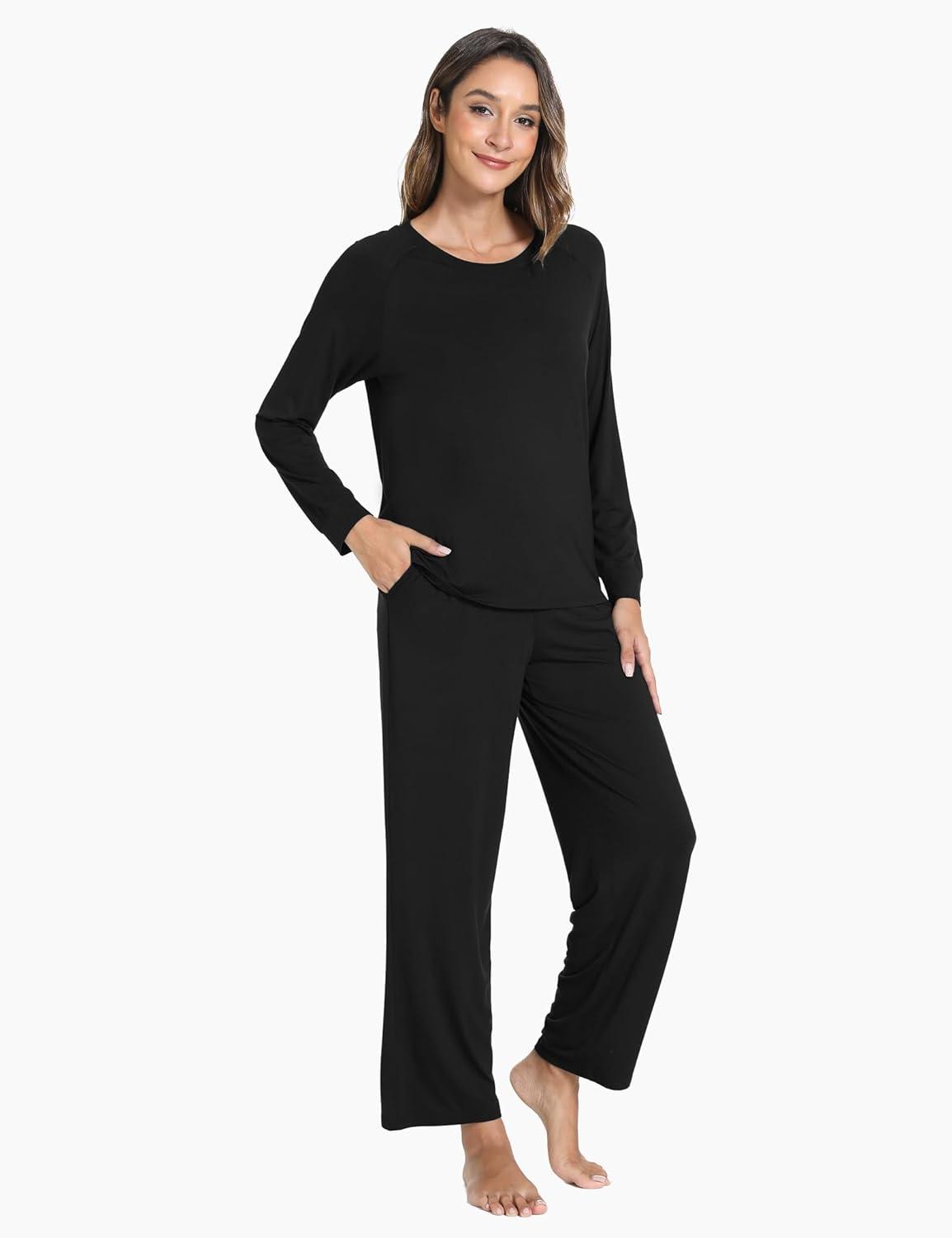 imageGYS Womens Pajama Sets Long Sleeve Sleepwear Comfy 2 Piece Ladies Pj Sleep Set Viscose Made from BambooA Black