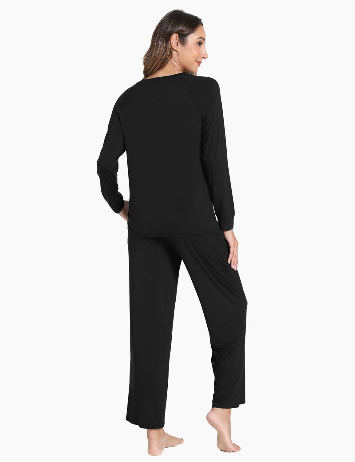 imageGYS Womens Pajama Sets Long Sleeve Sleepwear Comfy 2 Piece Ladies Pj Sleep Set Viscose Made from BambooA Black