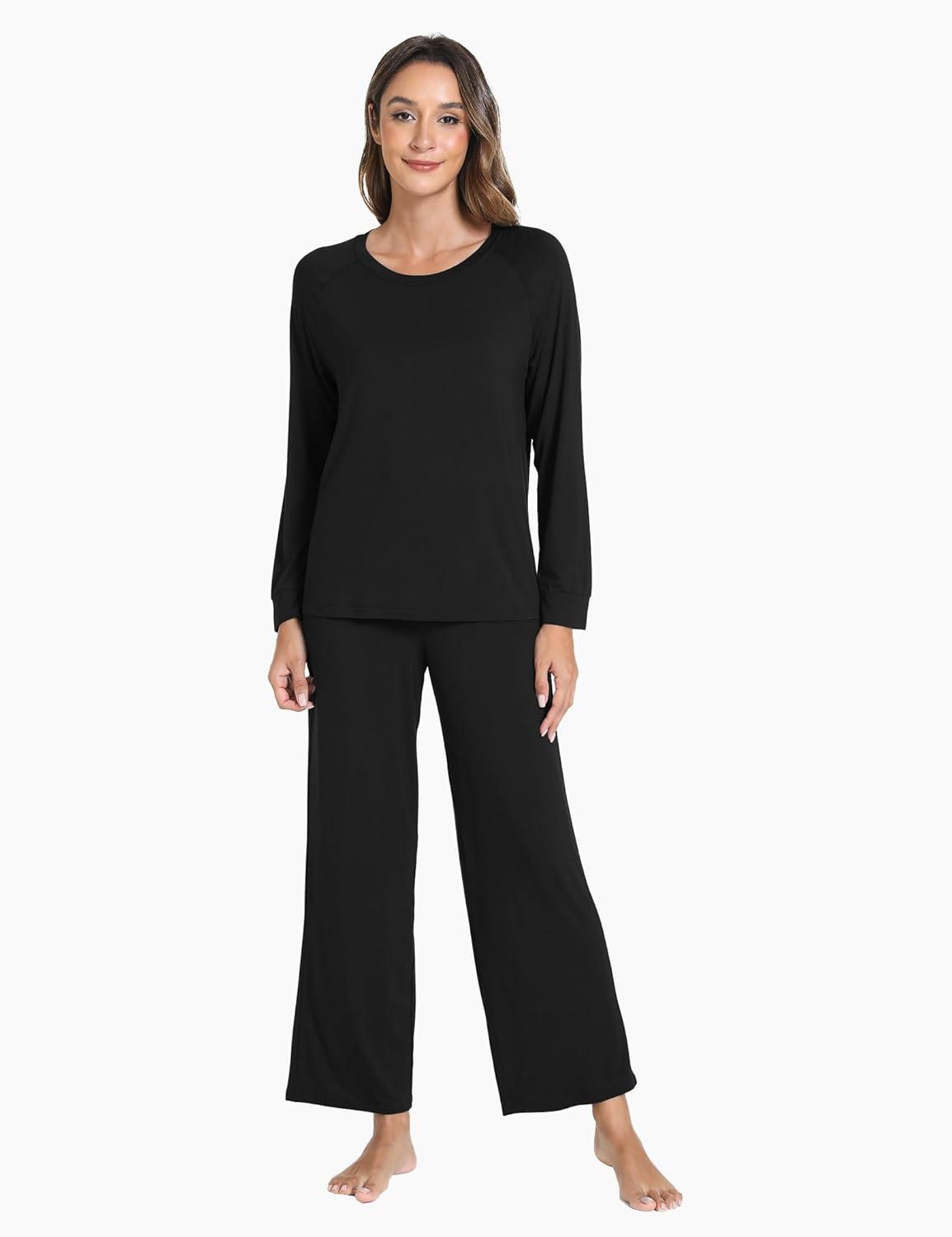 imageGYS Womens Pajama Sets Long Sleeve Sleepwear Comfy 2 Piece Ladies Pj Sleep Set Viscose Made from BambooA Black