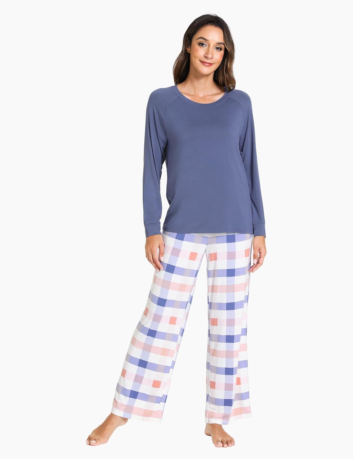 imageGYS Womens Pajama Sets Long Sleeve Sleepwear Comfy 2 Piece Ladies Pj Sleep Set Viscose Made from BambooA Blue Plaid