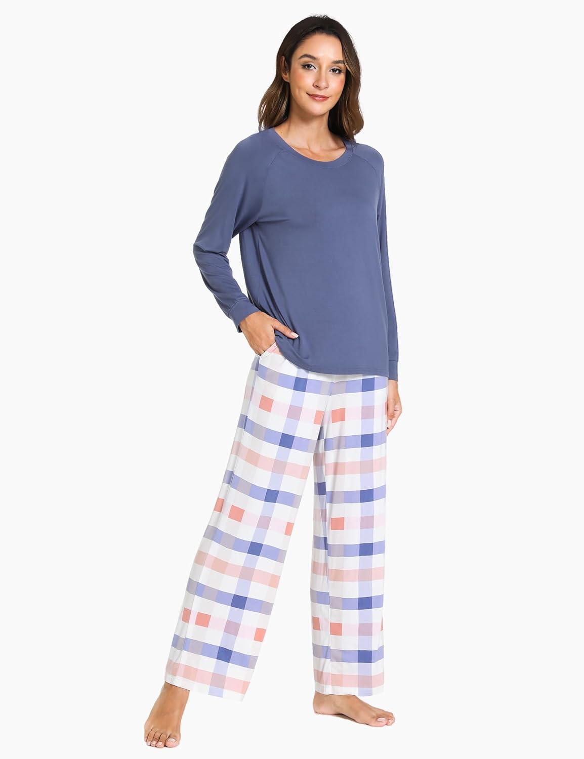 imageGYS Womens Pajama Sets Long Sleeve Sleepwear Comfy 2 Piece Ladies Pj Sleep Set Viscose Made from BambooA Blue Plaid