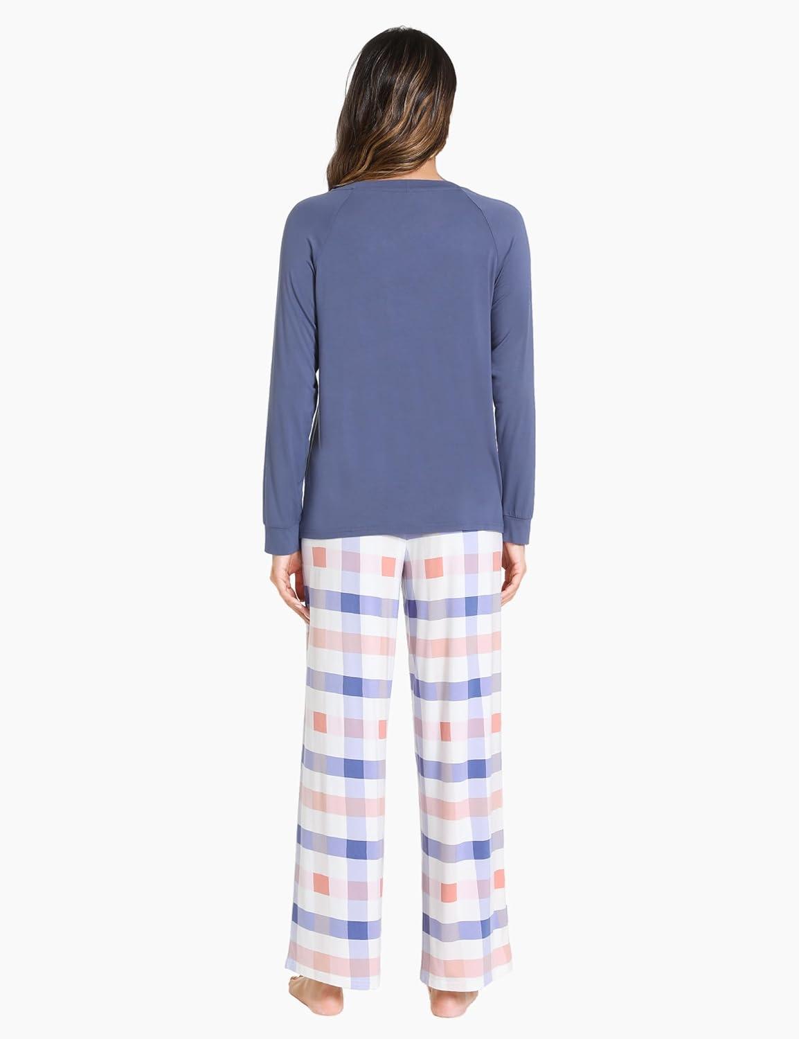 imageGYS Womens Pajama Sets Long Sleeve Sleepwear Comfy 2 Piece Ladies Pj Sleep Set Viscose Made from BambooA Blue Plaid