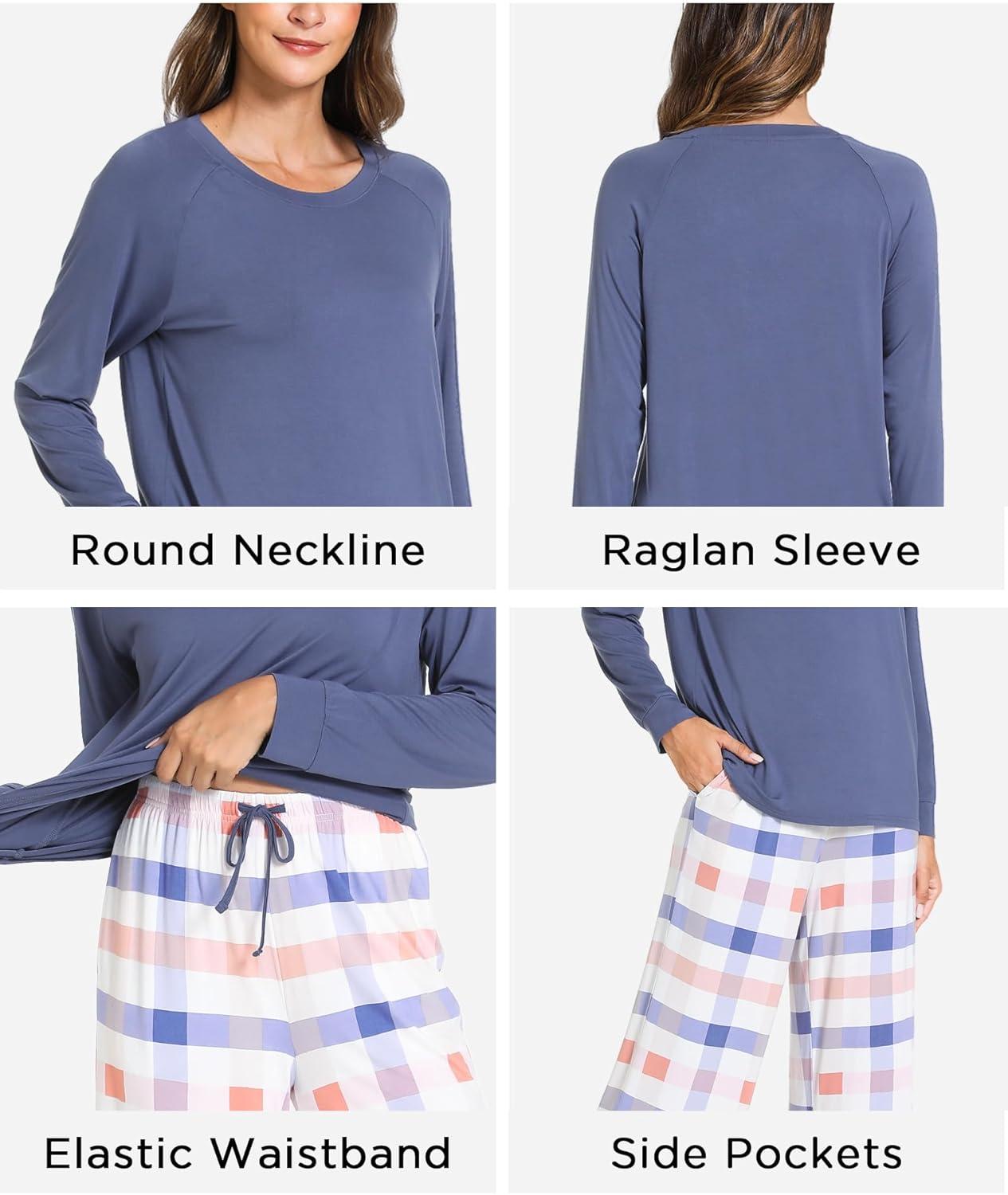 imageGYS Womens Pajama Sets Long Sleeve Sleepwear Comfy 2 Piece Ladies Pj Sleep Set Viscose Made from BambooA Blue Plaid
