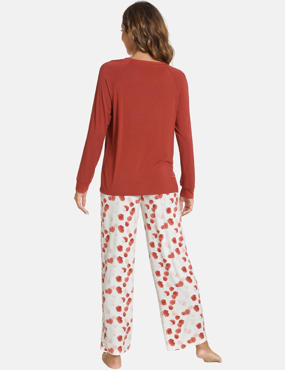 imageGYS Womens Pajama Sets Long Sleeve Sleepwear Comfy 2 Piece Ladies Pj Sleep Set Viscose Made from BambooA Brick Red