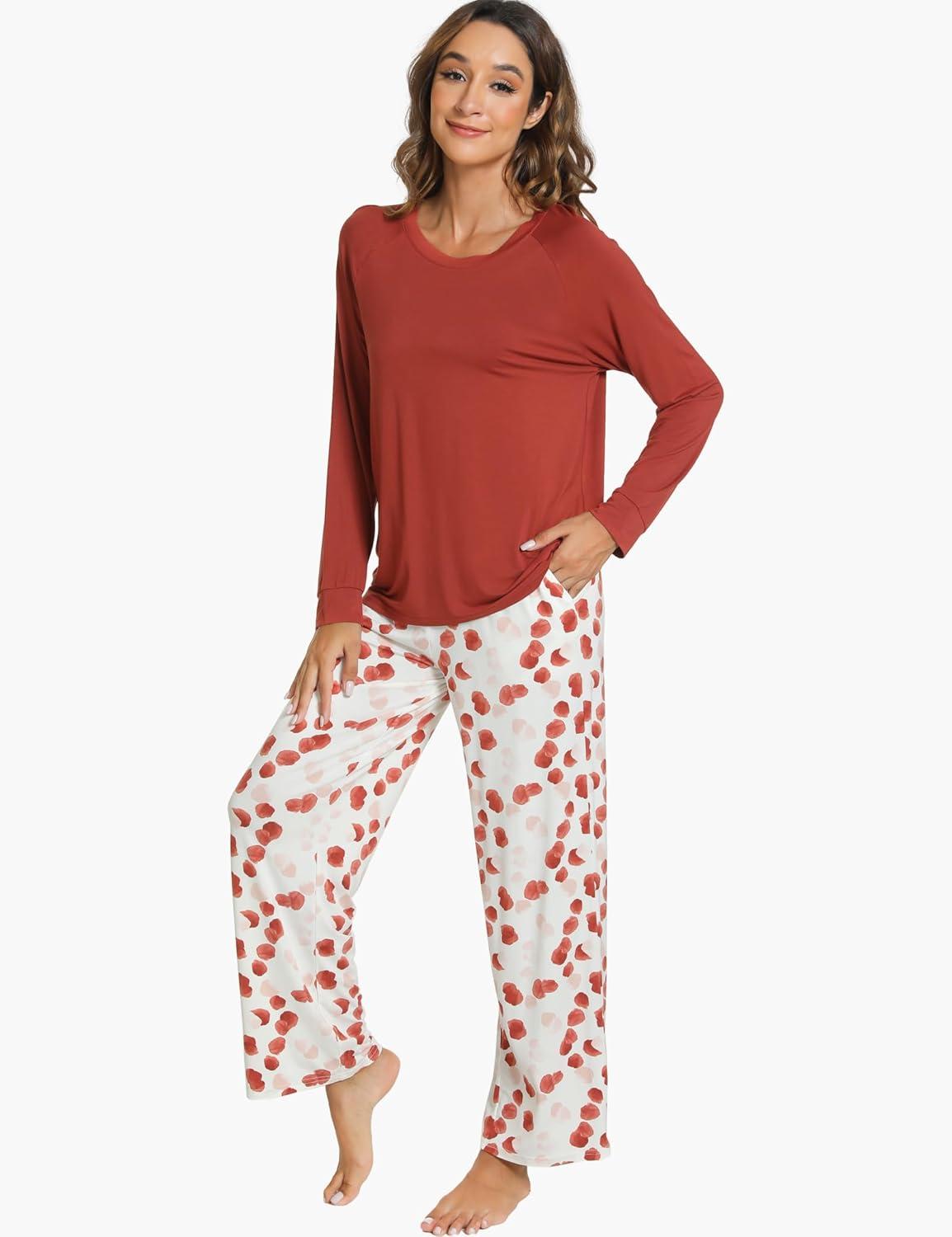 imageGYS Womens Pajama Sets Long Sleeve Sleepwear Comfy 2 Piece Ladies Pj Sleep Set Viscose Made from BambooA Brick Red
