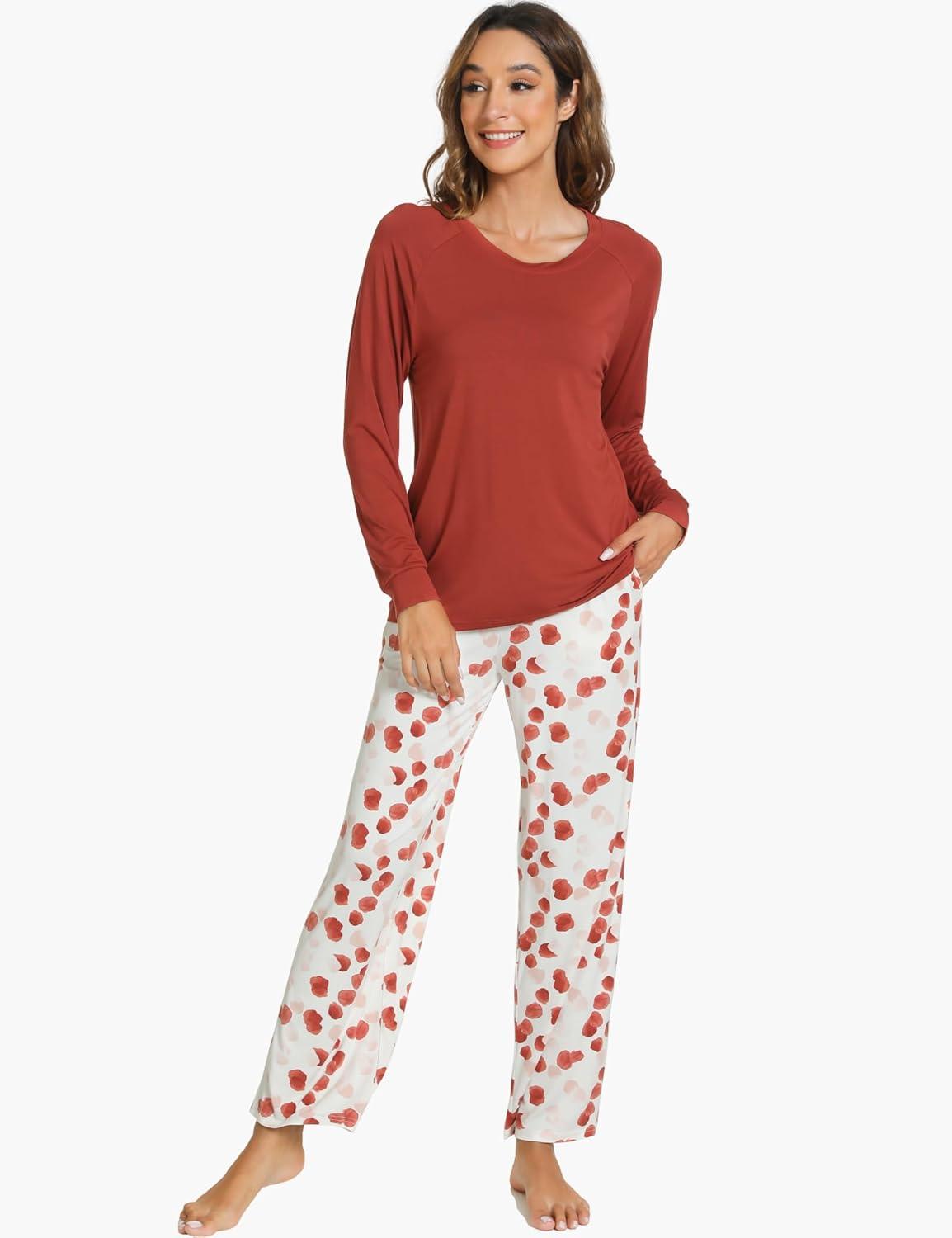 imageGYS Womens Pajama Sets Long Sleeve Sleepwear Comfy 2 Piece Ladies Pj Sleep Set Viscose Made from BambooA Brick Red