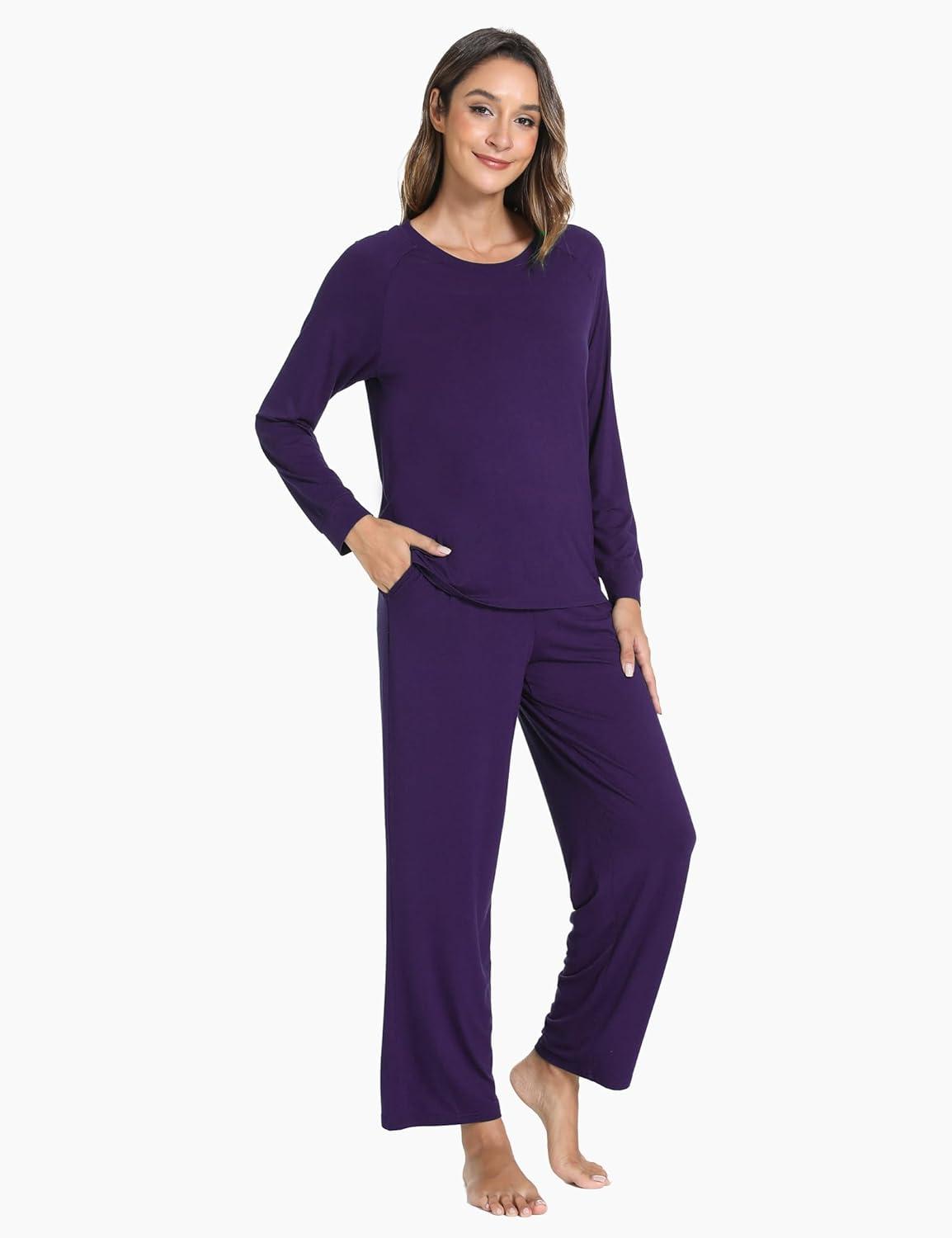 imageGYS Womens Pajama Sets Long Sleeve Sleepwear Comfy 2 Piece Ladies Pj Sleep Set Viscose Made from BambooA Deep Purple