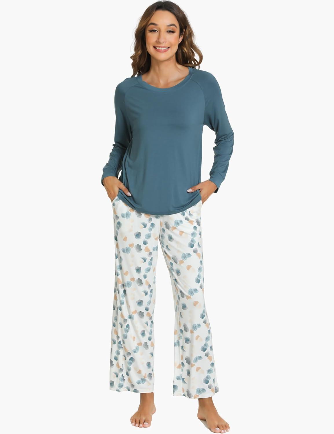 imageGYS Womens Pajama Sets Long Sleeve Sleepwear Comfy 2 Piece Ladies Pj Sleep Set Viscose Made from BambooA Green