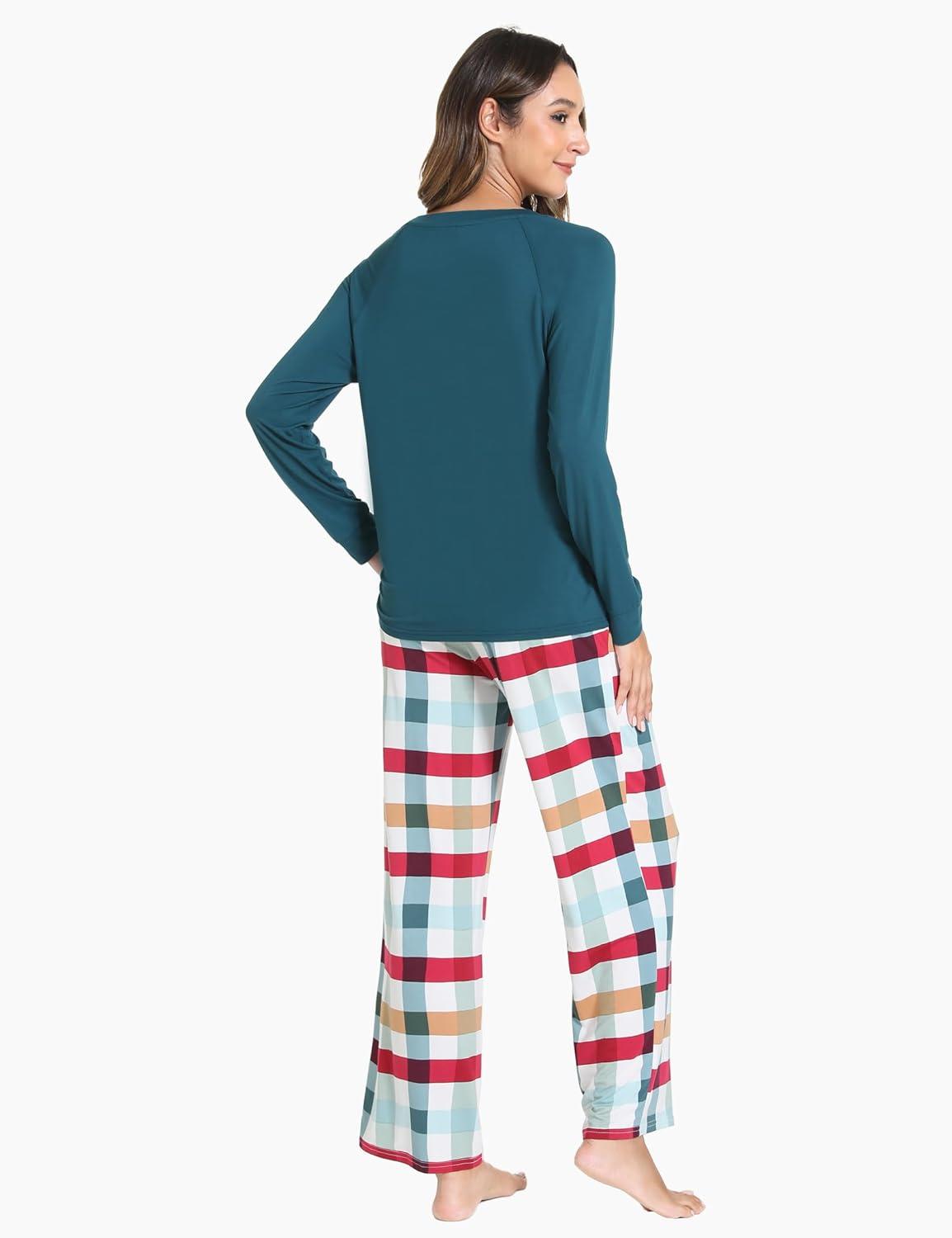 imageGYS Womens Pajama Sets Long Sleeve Sleepwear Comfy 2 Piece Ladies Pj Sleep Set Viscose Made from BambooA Green Plaid