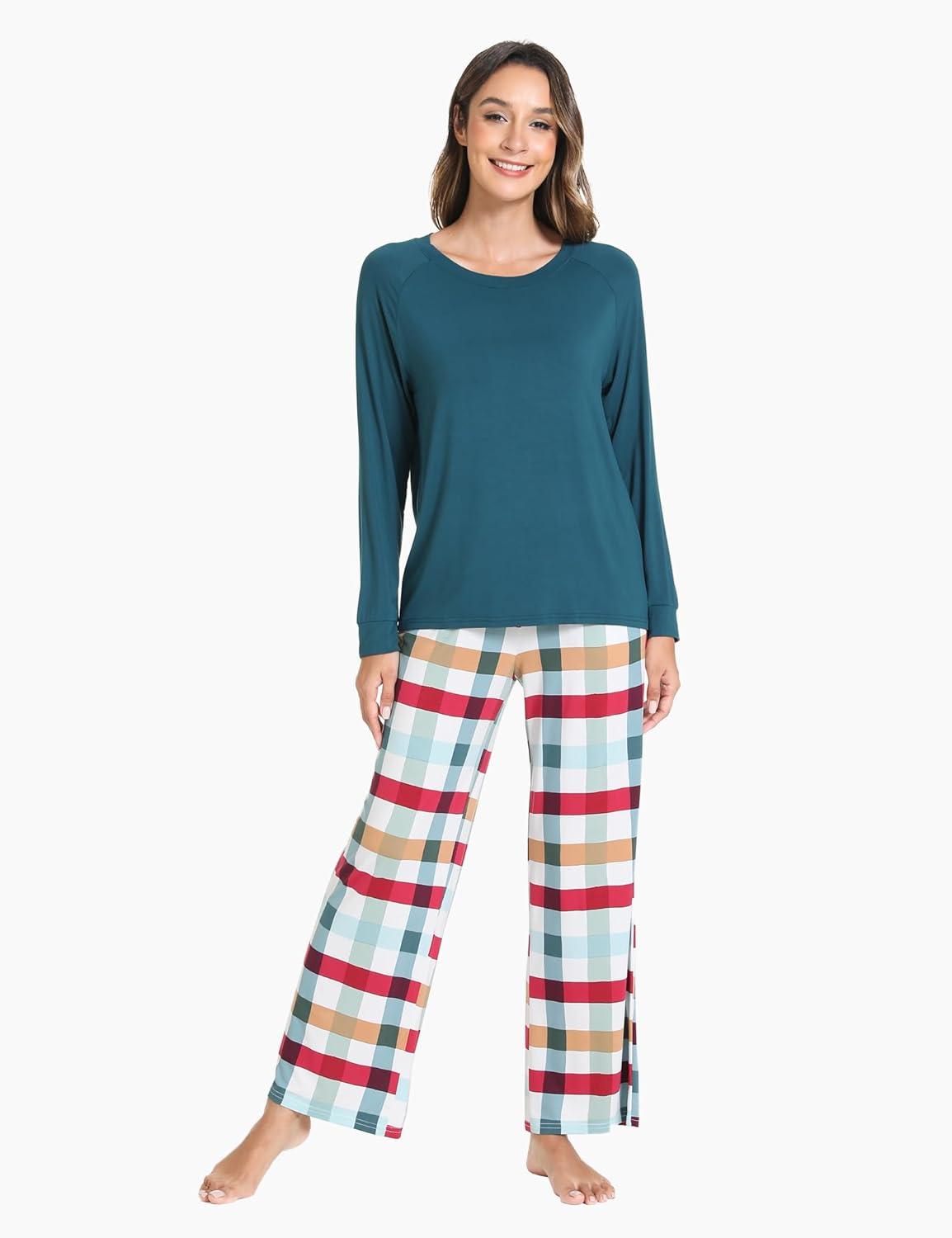 imageGYS Womens Pajama Sets Long Sleeve Sleepwear Comfy 2 Piece Ladies Pj Sleep Set Viscose Made from BambooA Green Plaid