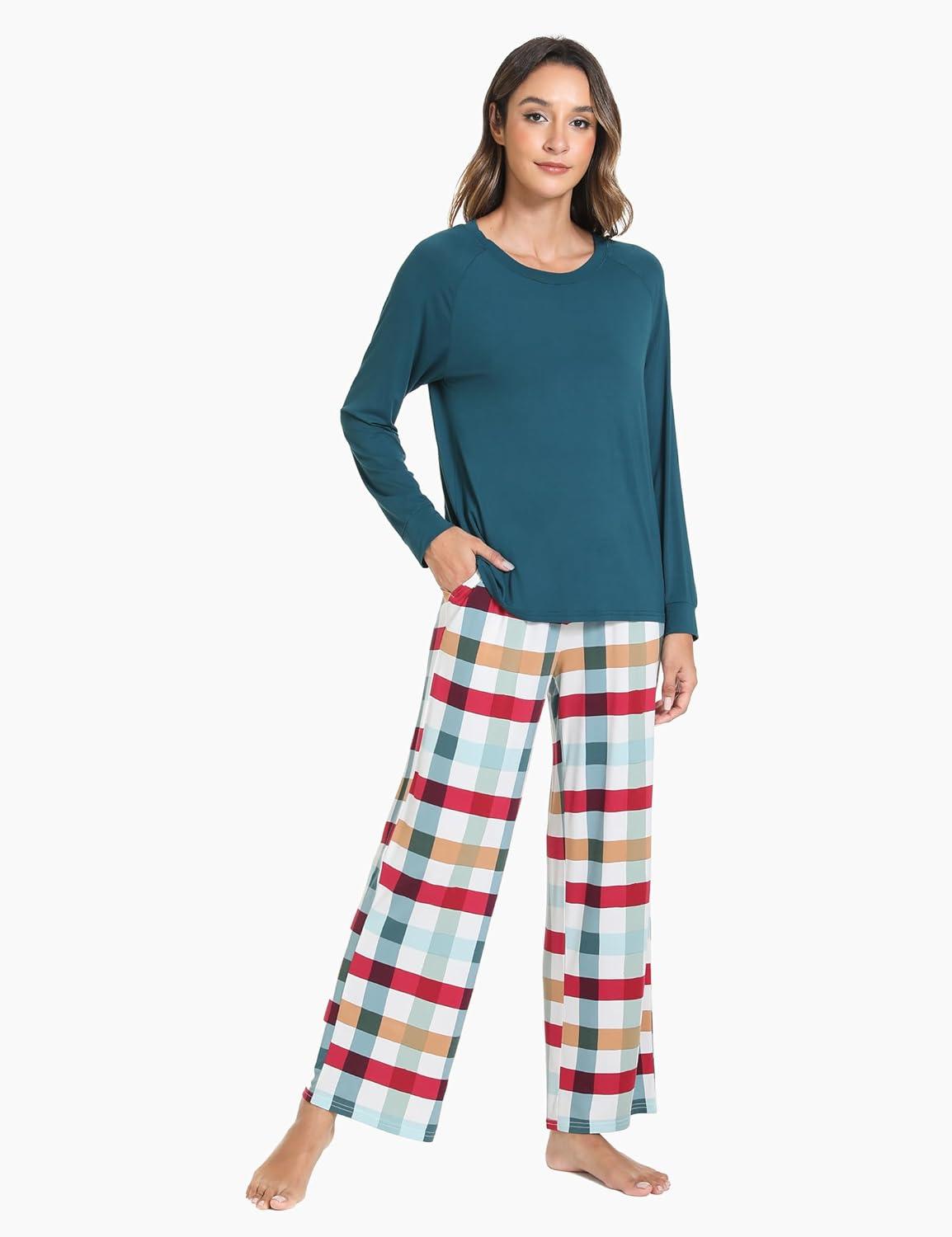 imageGYS Womens Pajama Sets Long Sleeve Sleepwear Comfy 2 Piece Ladies Pj Sleep Set Viscose Made from BambooA Green Plaid