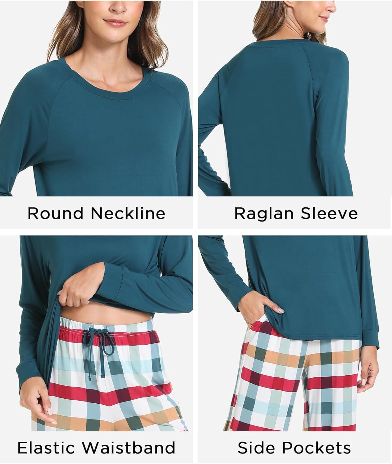 imageGYS Womens Pajama Sets Long Sleeve Sleepwear Comfy 2 Piece Ladies Pj Sleep Set Viscose Made from BambooA Green Plaid