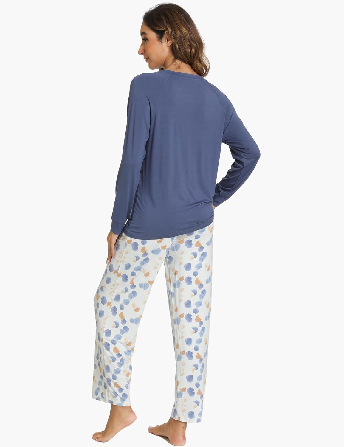 imageGYS Womens Pajama Sets Long Sleeve Sleepwear Comfy 2 Piece Ladies Pj Sleep Set Viscose Made from BambooA Indigo Blue