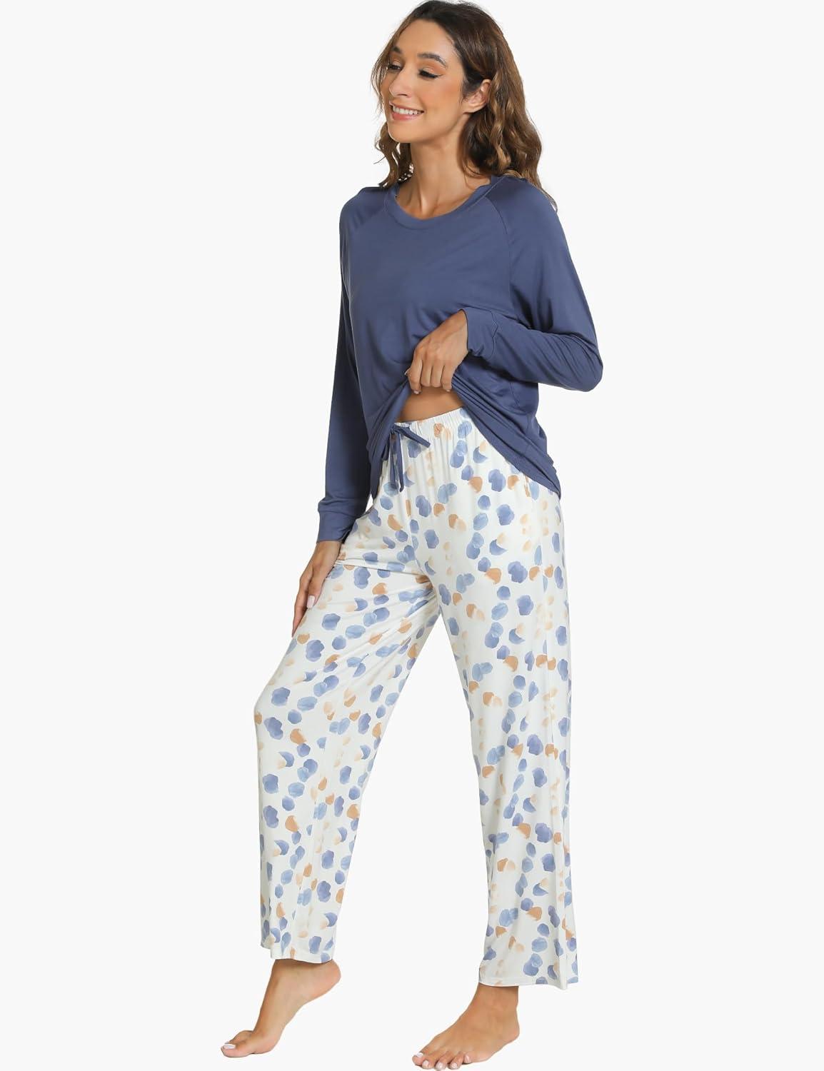 imageGYS Womens Pajama Sets Long Sleeve Sleepwear Comfy 2 Piece Ladies Pj Sleep Set Viscose Made from BambooA Indigo Blue
