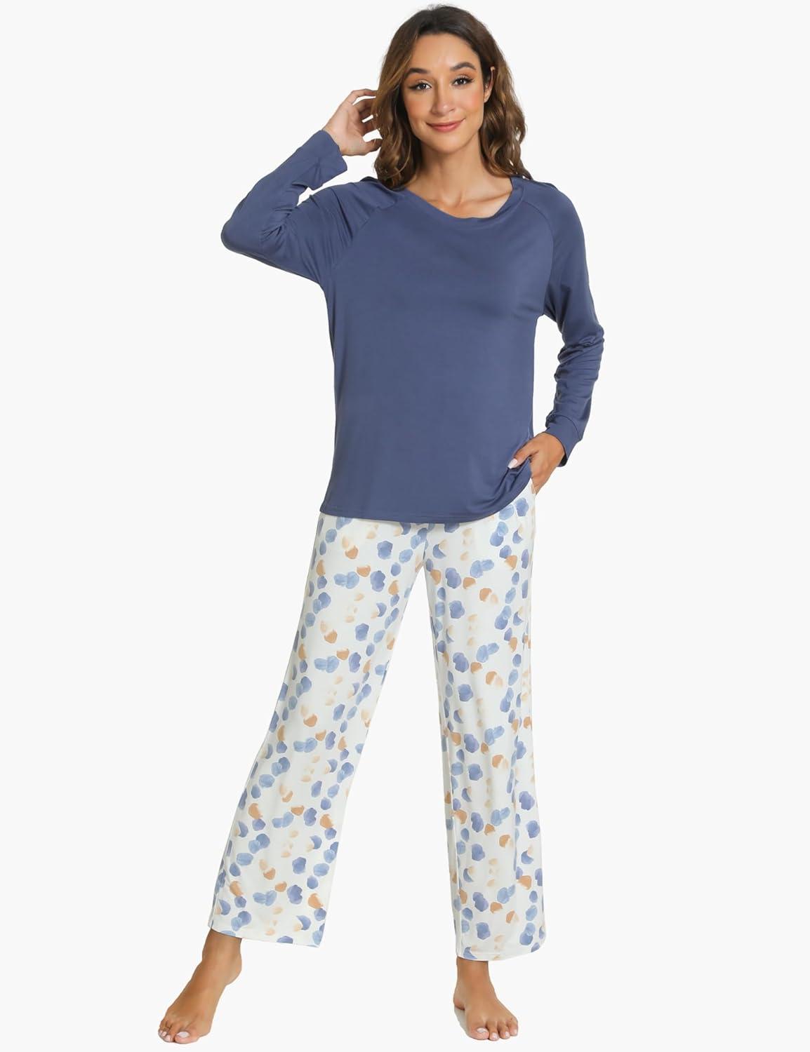 imageGYS Womens Pajama Sets Long Sleeve Sleepwear Comfy 2 Piece Ladies Pj Sleep Set Viscose Made from BambooA Indigo Blue