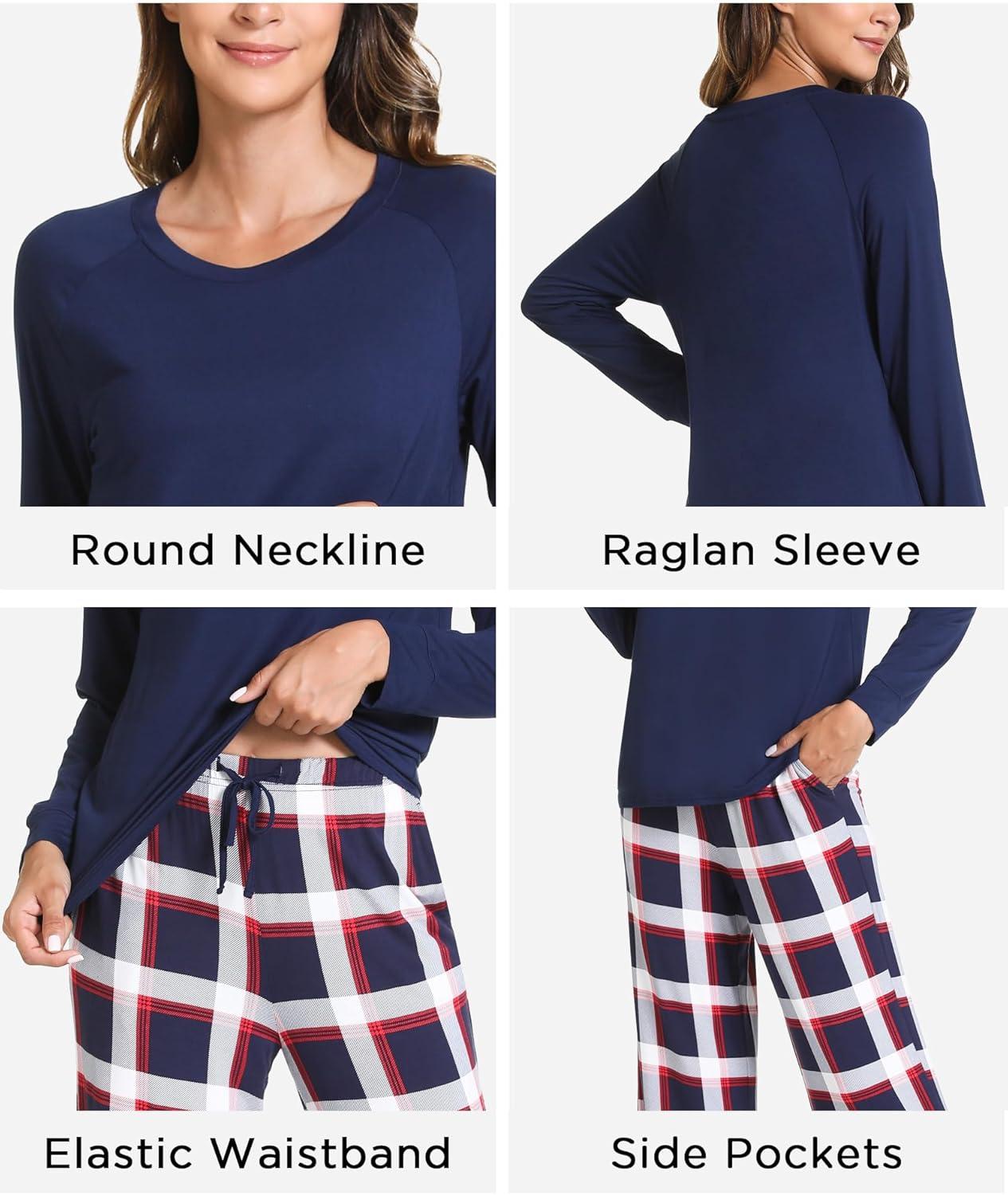 imageGYS Womens Pajama Sets Long Sleeve Sleepwear Comfy 2 Piece Ladies Pj Sleep Set Viscose Made from BambooA Navy Red Plaid