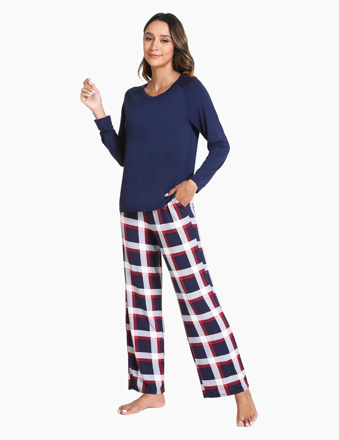 imageGYS Womens Pajama Sets Long Sleeve Sleepwear Comfy 2 Piece Ladies Pj Sleep Set Viscose Made from BambooA Navy Red Plaid