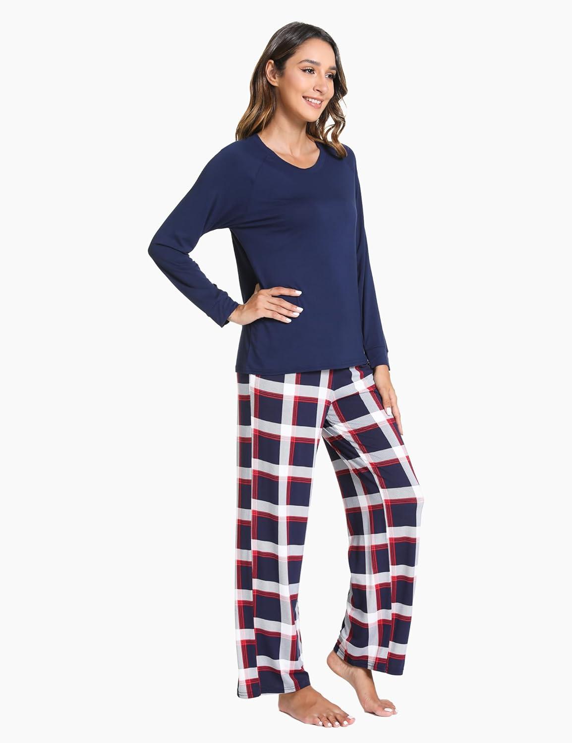 imageGYS Womens Pajama Sets Long Sleeve Sleepwear Comfy 2 Piece Ladies Pj Sleep Set Viscose Made from BambooA Navy Red Plaid