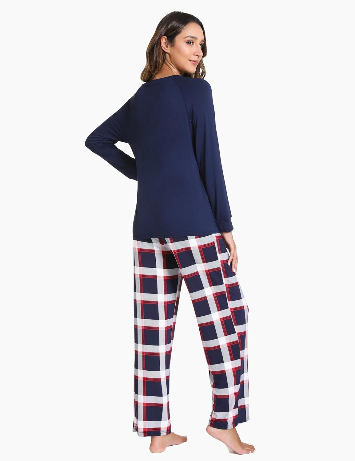 imageGYS Womens Pajama Sets Long Sleeve Sleepwear Comfy 2 Piece Ladies Pj Sleep Set Viscose Made from BambooA Navy Red Plaid