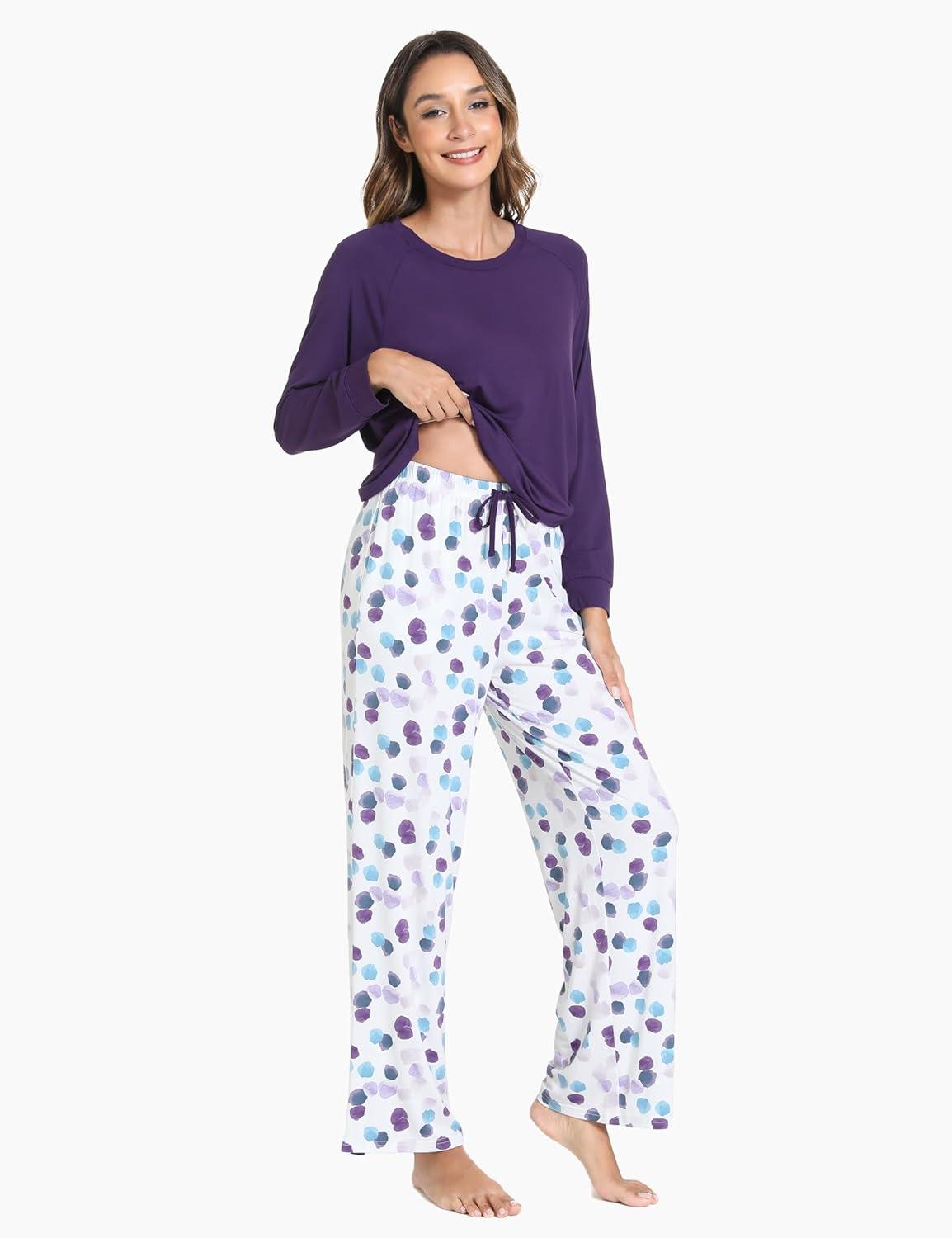 imageGYS Womens Pajama Sets Long Sleeve Sleepwear Comfy 2 Piece Ladies Pj Sleep Set Viscose Made from BambooA Purple Dots
