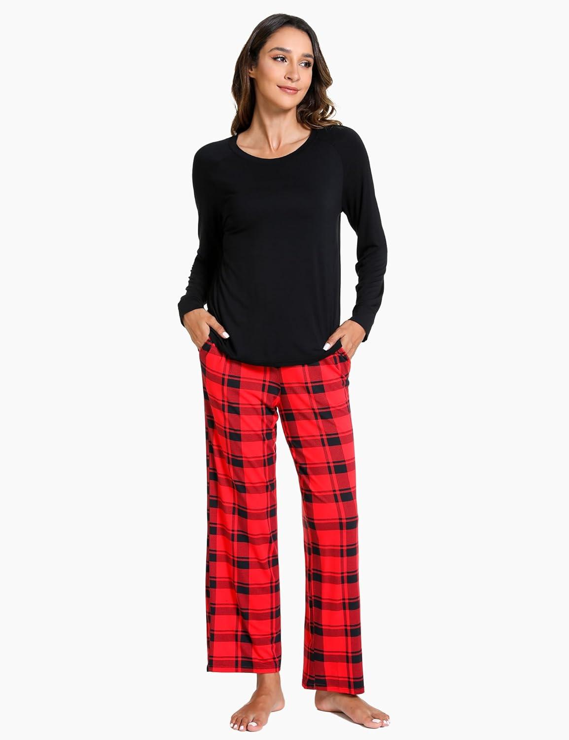 imageGYS Womens Pajama Sets Long Sleeve Sleepwear Comfy 2 Piece Ladies Pj Sleep Set Viscose Made from BambooA Red Plaid