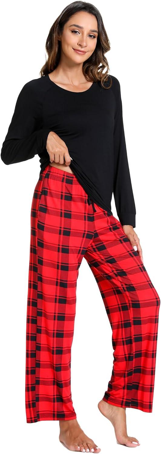 imageGYS Womens Pajama Sets Long Sleeve Sleepwear Comfy 2 Piece Ladies Pj Sleep Set Viscose Made from BambooA Red Plaid