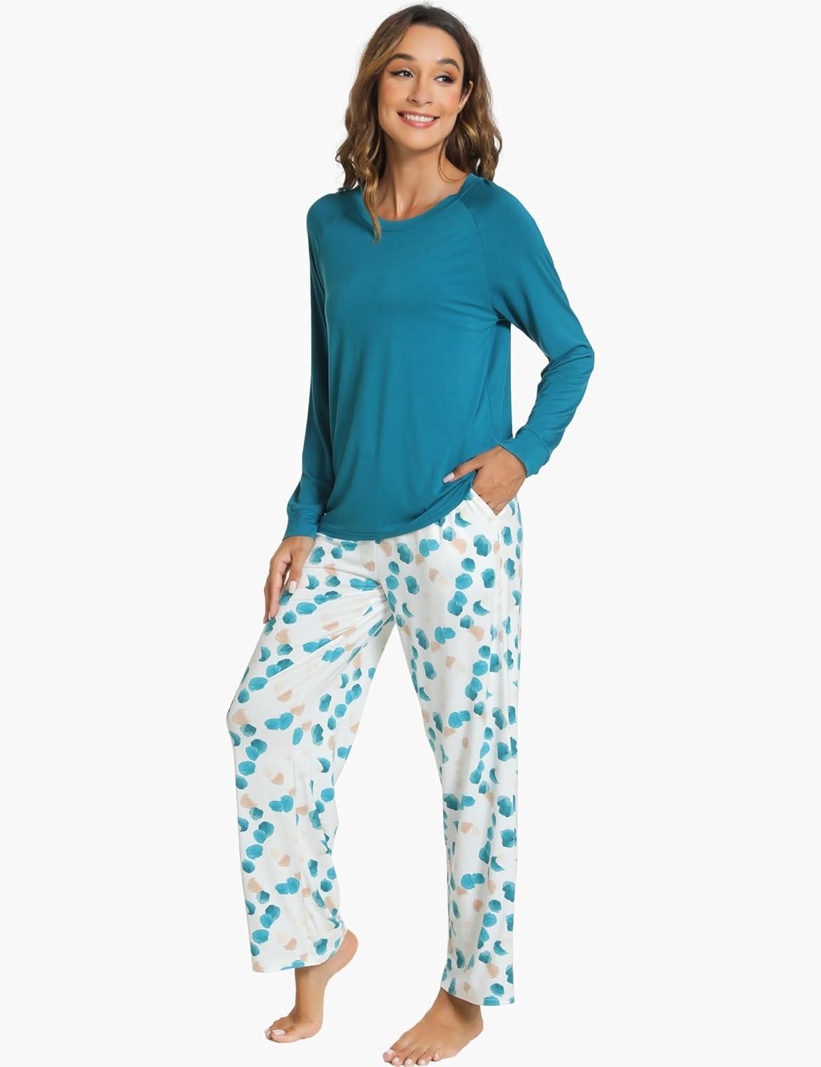 imageGYS Womens Pajama Sets Long Sleeve Sleepwear Comfy 2 Piece Ladies Pj Sleep Set Viscose Made from BambooA Teal Blue