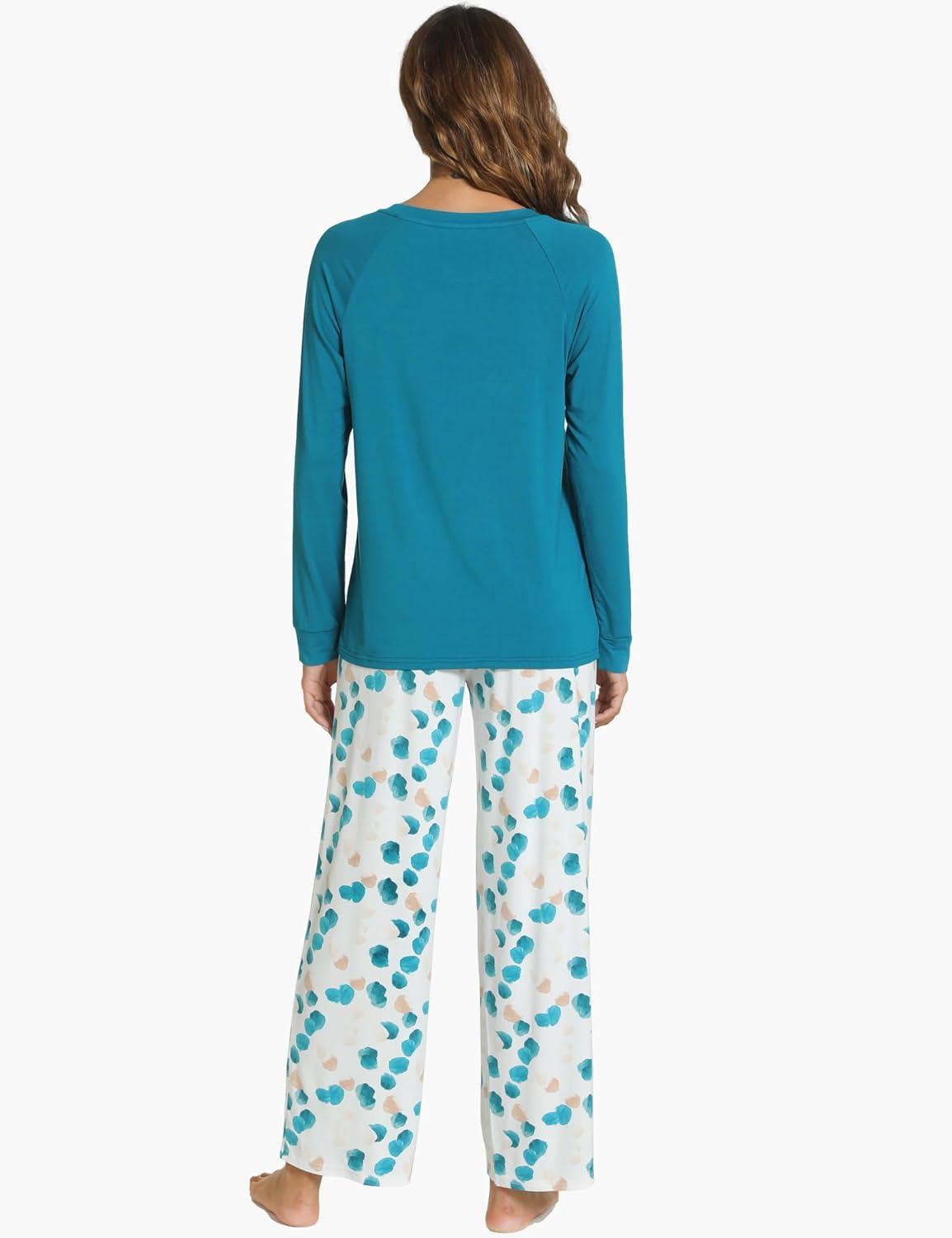 imageGYS Womens Pajama Sets Long Sleeve Sleepwear Comfy 2 Piece Ladies Pj Sleep Set Viscose Made from BambooA Teal Blue