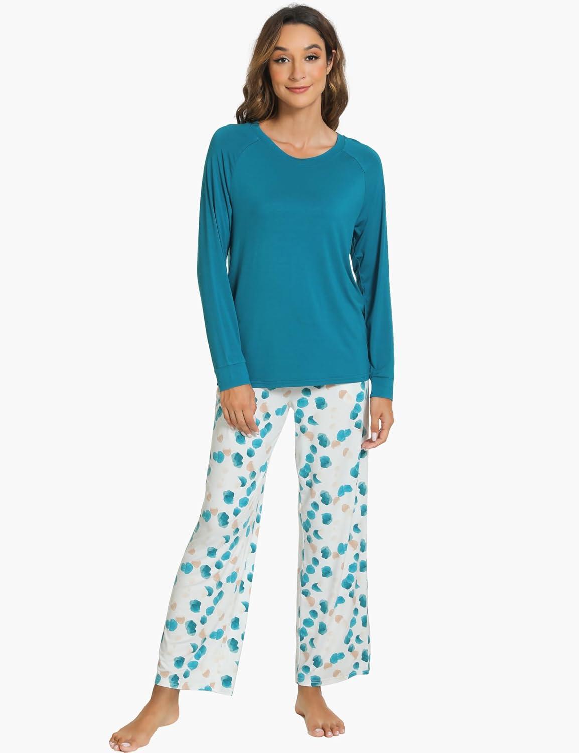 imageGYS Womens Pajama Sets Long Sleeve Sleepwear Comfy 2 Piece Ladies Pj Sleep Set Viscose Made from BambooA Teal Blue