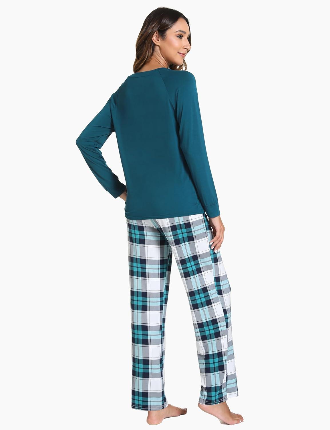 imageGYS Womens Pajama Sets Long Sleeve Sleepwear Comfy 2 Piece Ladies Pj Sleep Set Viscose Made from BambooA White Green Plaid
