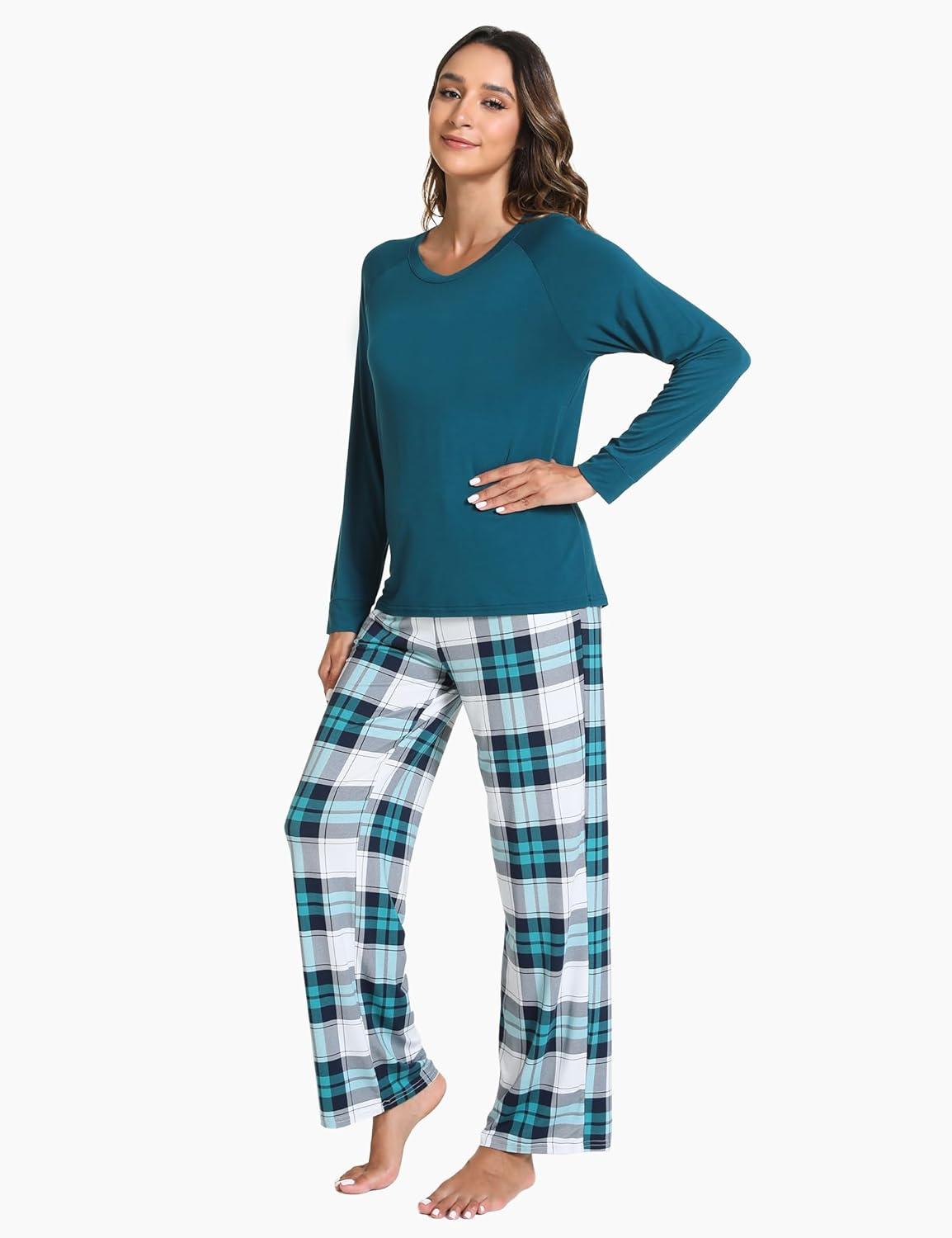 imageGYS Womens Pajama Sets Long Sleeve Sleepwear Comfy 2 Piece Ladies Pj Sleep Set Viscose Made from BambooA White Green Plaid