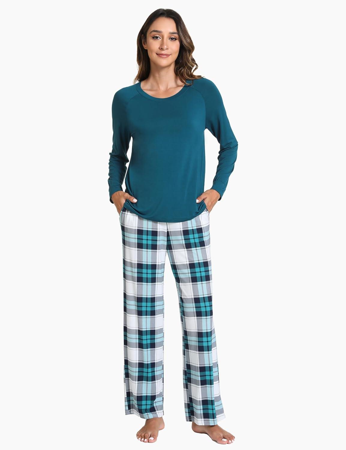 imageGYS Womens Pajama Sets Long Sleeve Sleepwear Comfy 2 Piece Ladies Pj Sleep Set Viscose Made from BambooA White Green Plaid