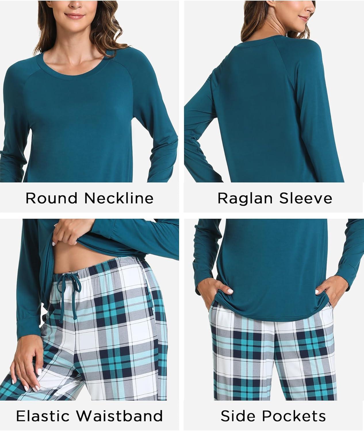 imageGYS Womens Pajama Sets Long Sleeve Sleepwear Comfy 2 Piece Ladies Pj Sleep Set Viscose Made from BambooA White Green Plaid
