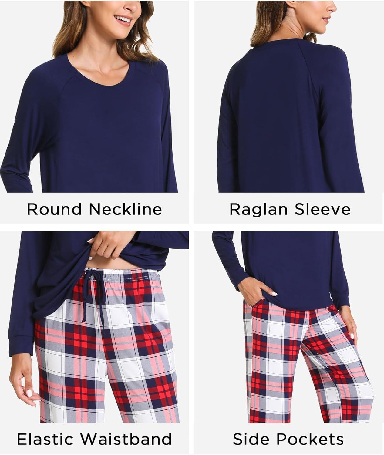 imageGYS Womens Pajama Sets Long Sleeve Sleepwear Comfy 2 Piece Ladies Pj Sleep Set Viscose Made from BambooA White Red Plaid
