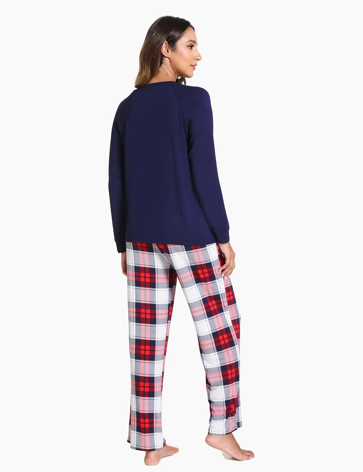 imageGYS Womens Pajama Sets Long Sleeve Sleepwear Comfy 2 Piece Ladies Pj Sleep Set Viscose Made from BambooA White Red Plaid