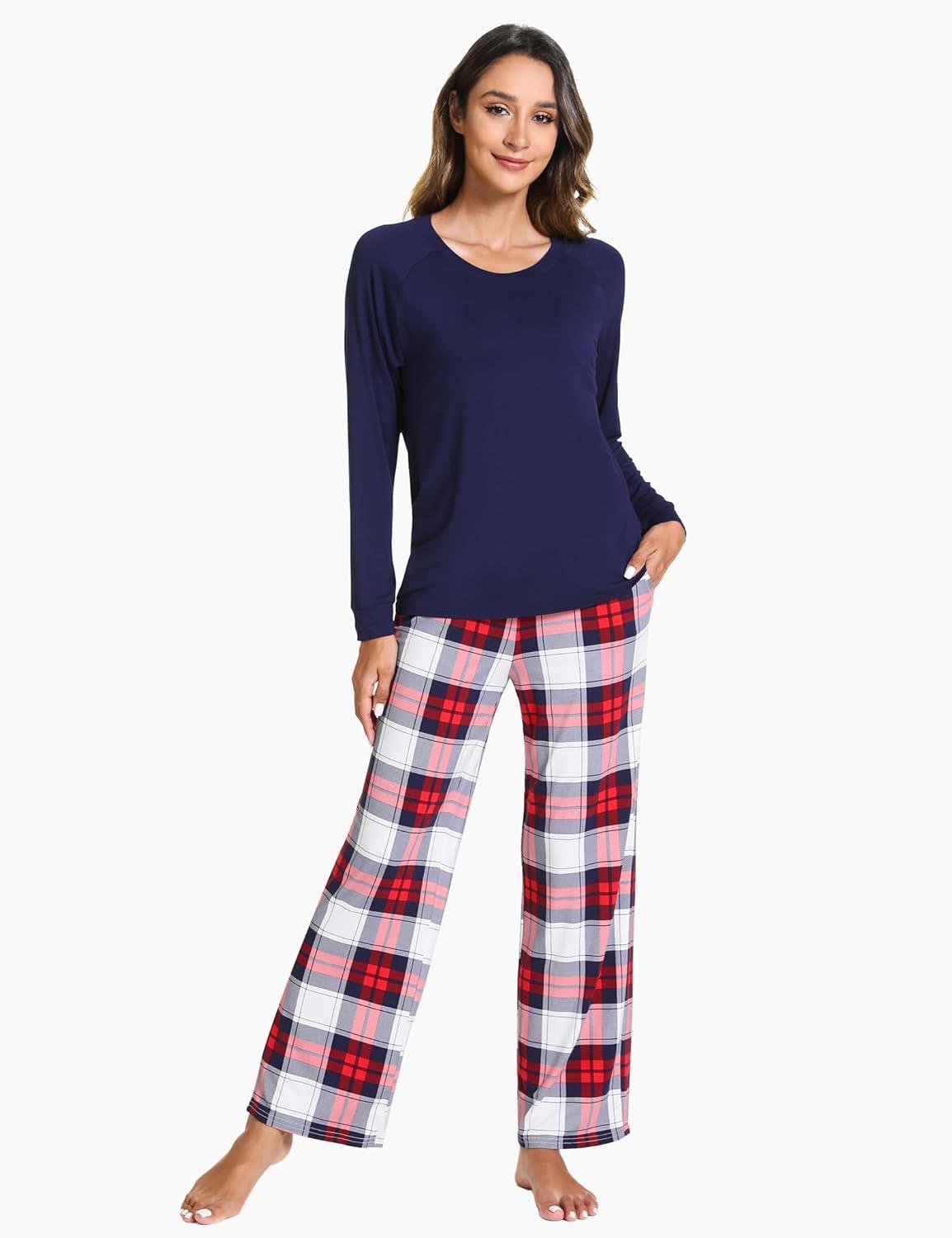 imageGYS Womens Pajama Sets Long Sleeve Sleepwear Comfy 2 Piece Ladies Pj Sleep Set Viscose Made from BambooA White Red Plaid