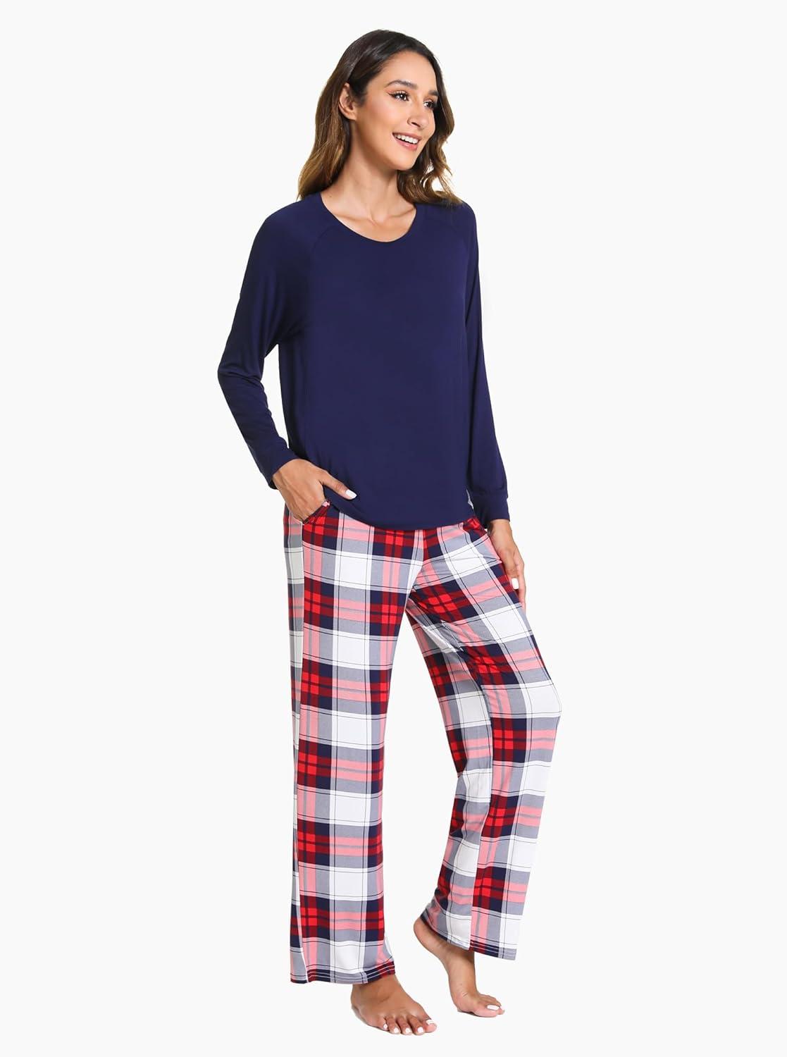 imageGYS Womens Pajama Sets Long Sleeve Sleepwear Comfy 2 Piece Ladies Pj Sleep Set Viscose Made from BambooA White Red Plaid